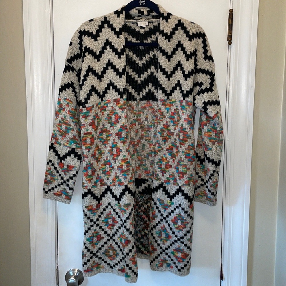 Tribal Geometric Knit Cardigan Black Cream Multicolor Boho Long Open Front